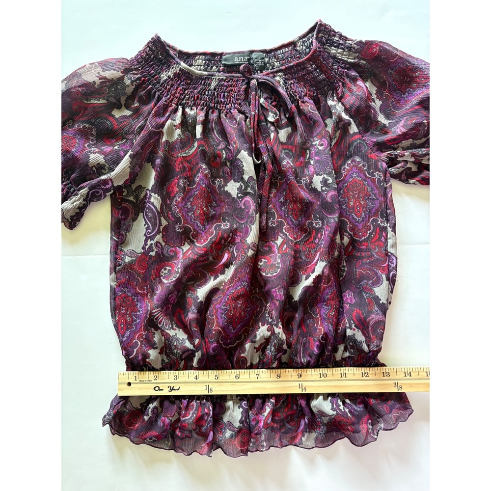 ANA A New Approach Purple Paisley Smocked Chiffon Blouse Top Medium Boho Paisley - Picture 5 of 8